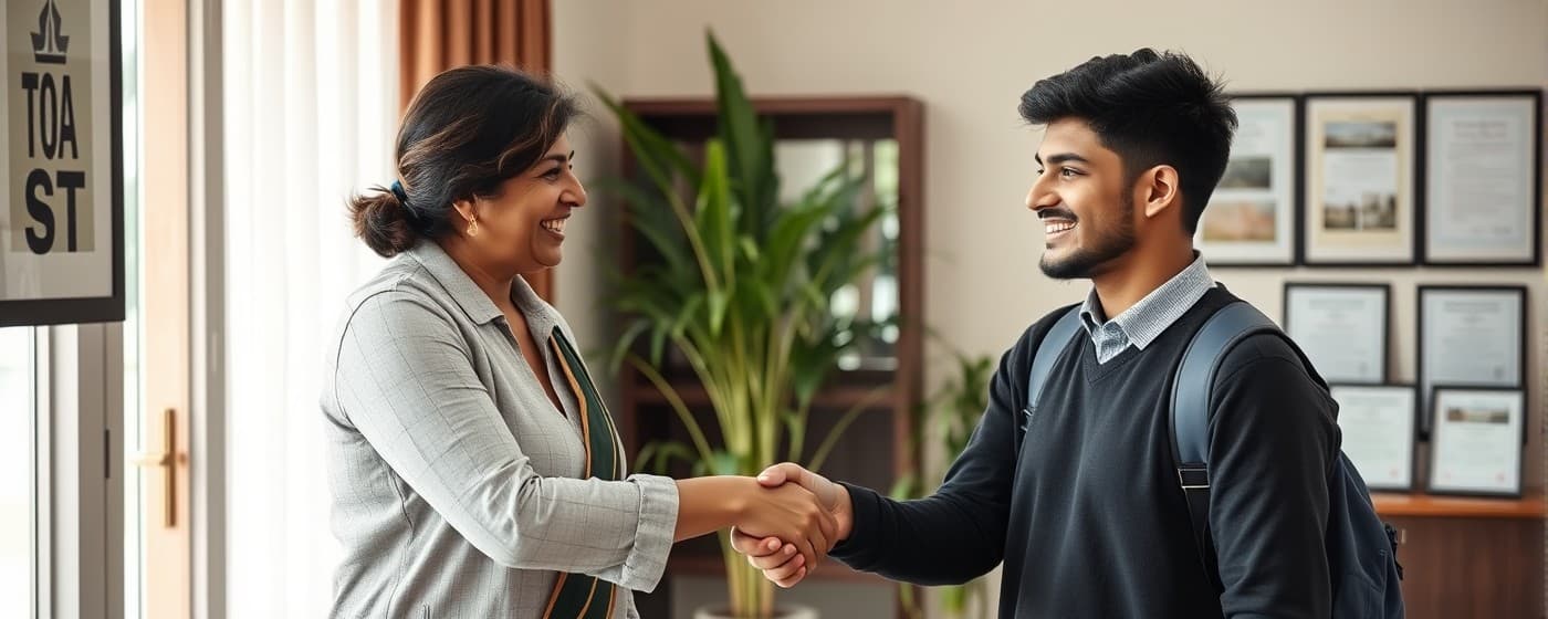 University placement officer congratulating a student