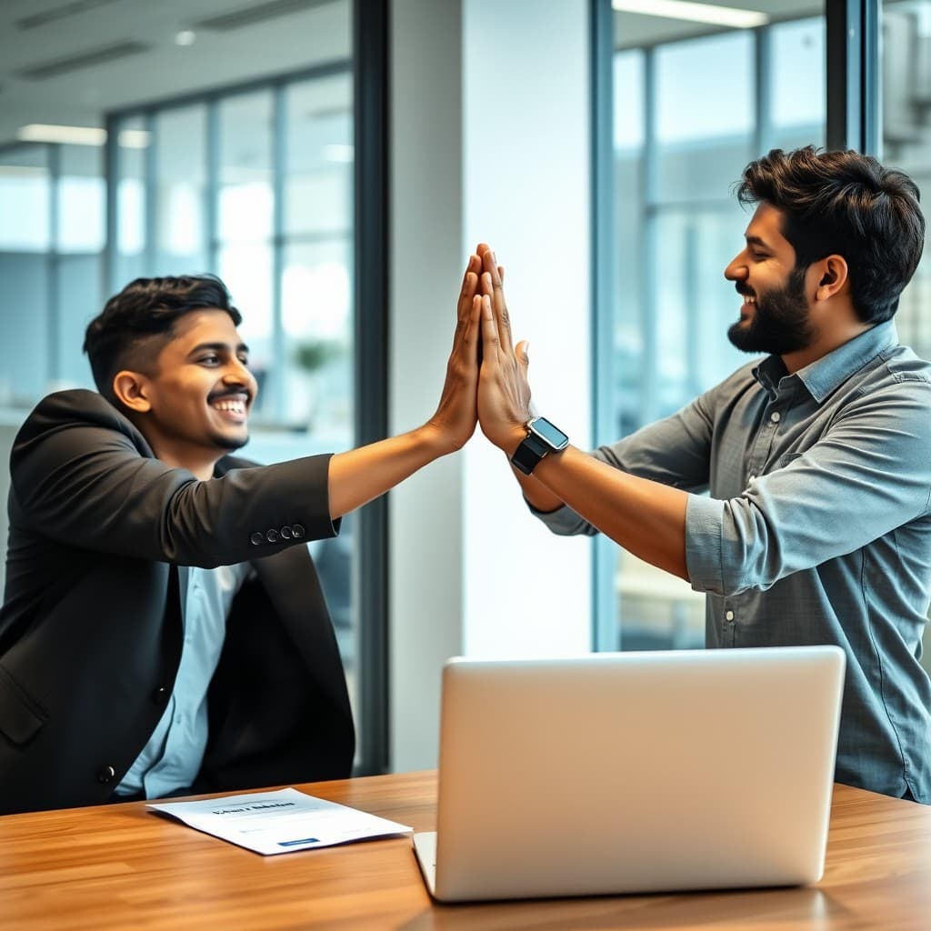 New hire celebrating with a high five after accepting an offer