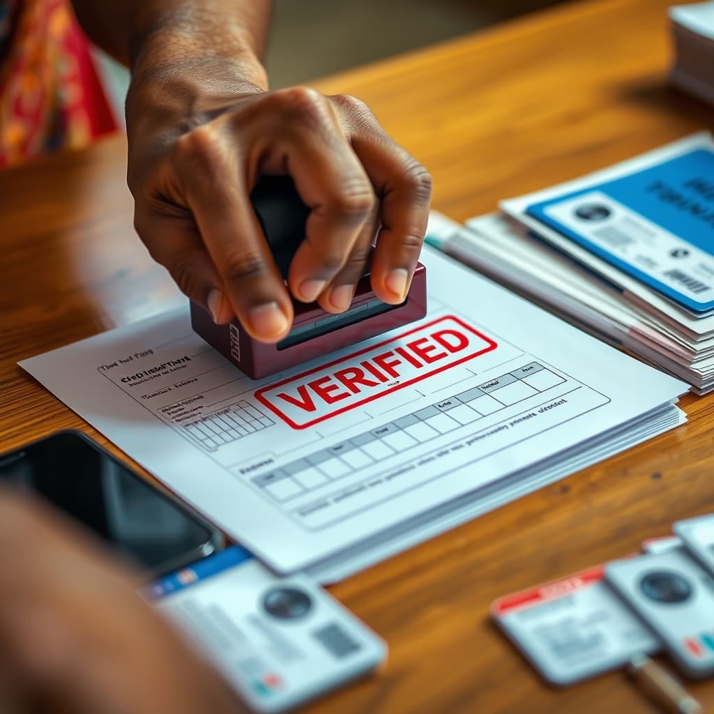 Student verification documents being reviewed and stamped